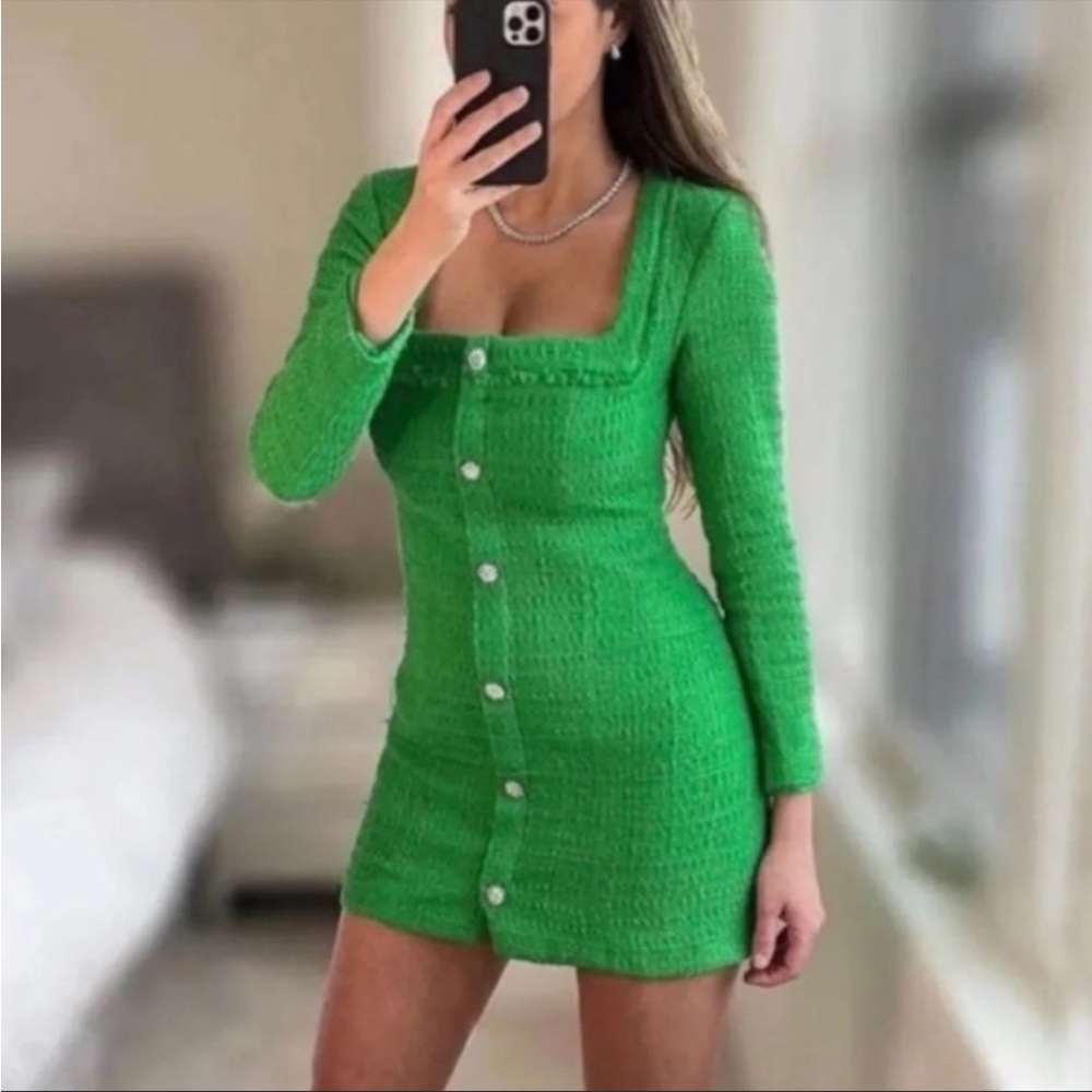 Zara Blogger Favorite Green Tweed Jeweled Dress